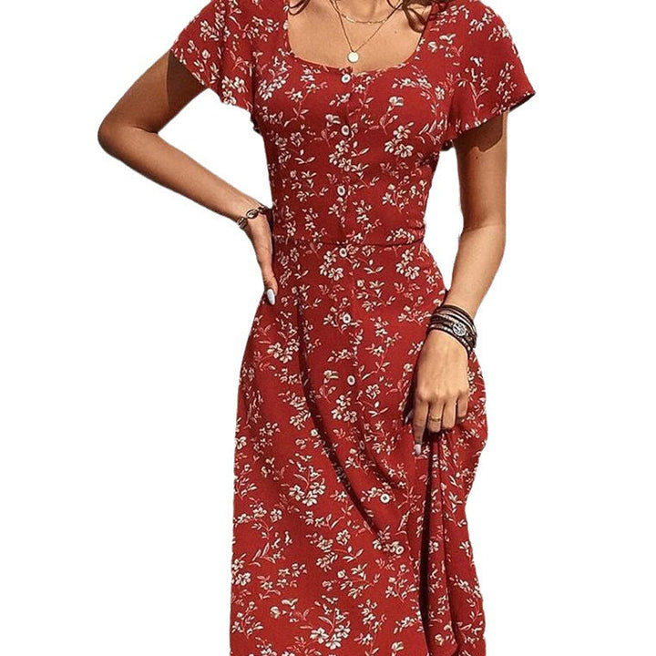 Damen Midi Kleid mit floralen Mustern und Knopfleiste Drune
