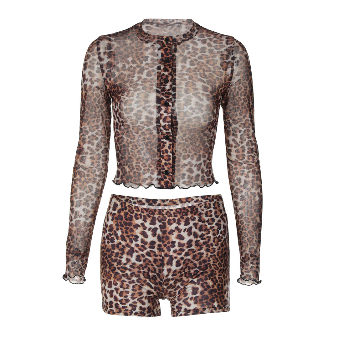 Damen Transparente Leopardenmuster Bluse und Short Set Drune