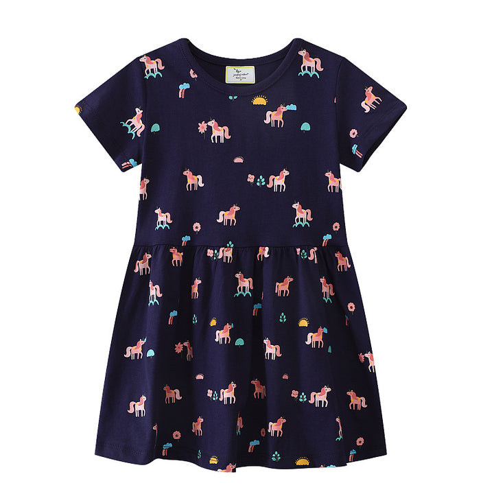 Mädchen Kurzarm Kleid mit verspieltem Einhorn-Motiv Drune