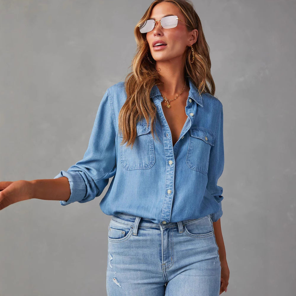 Damen Denim-Hemd mit umschlagbaren Ärmeln und zwei Brusttaschen Drune