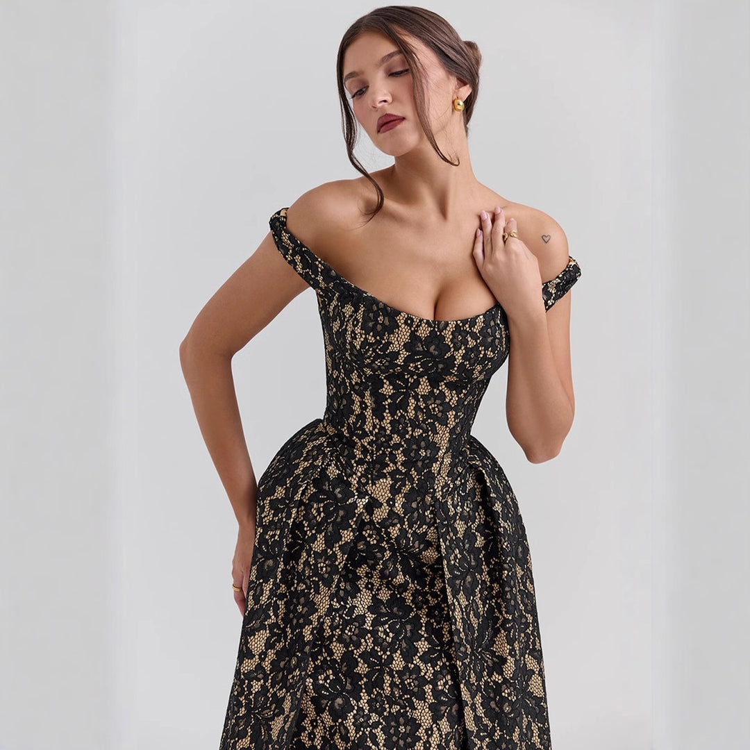 Damen Abendkleid mit schulterfreiem Design und exquisite Spitze Drune