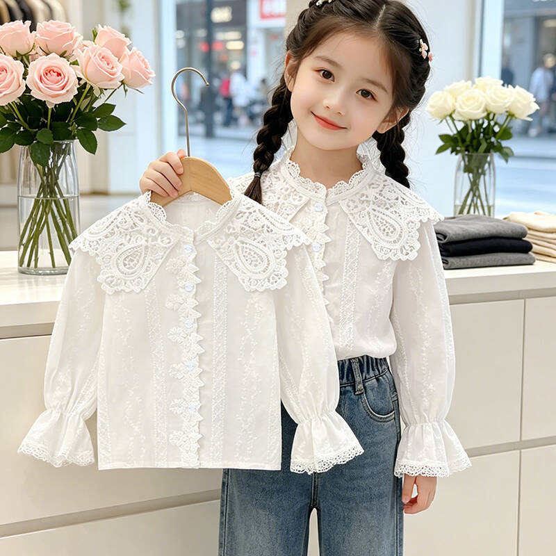 Mädchen elegante Bluse mit Rüschenkragen und Spitzenakzenten Drune