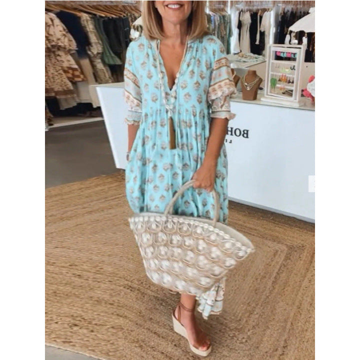 Damen Boho-Stil Kleid mit geflochtener Schnürung und handgefertigten Details Drune