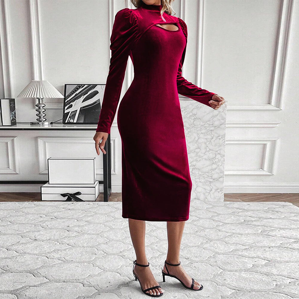 Damen figurbetontes Samt-Midikleid mit asymmetrischem Ausschnitt und Puffärmeln Drune