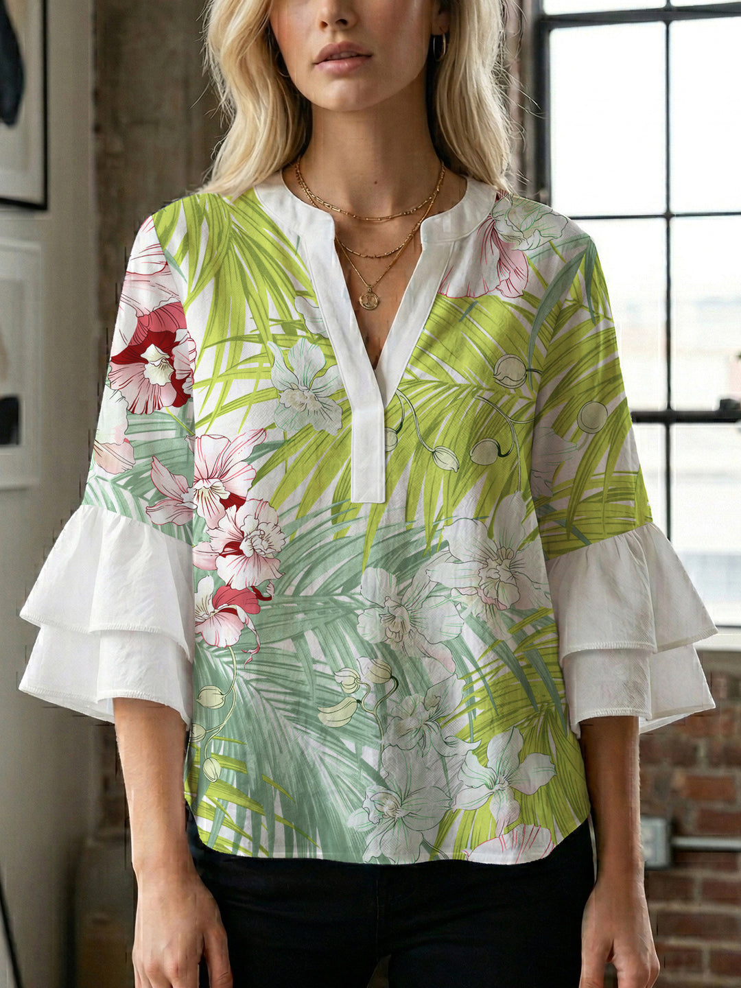 Damen elegantes Blusenshirt mit voluminösen Rüsenärmeln und grafischem Blumendesign Drune