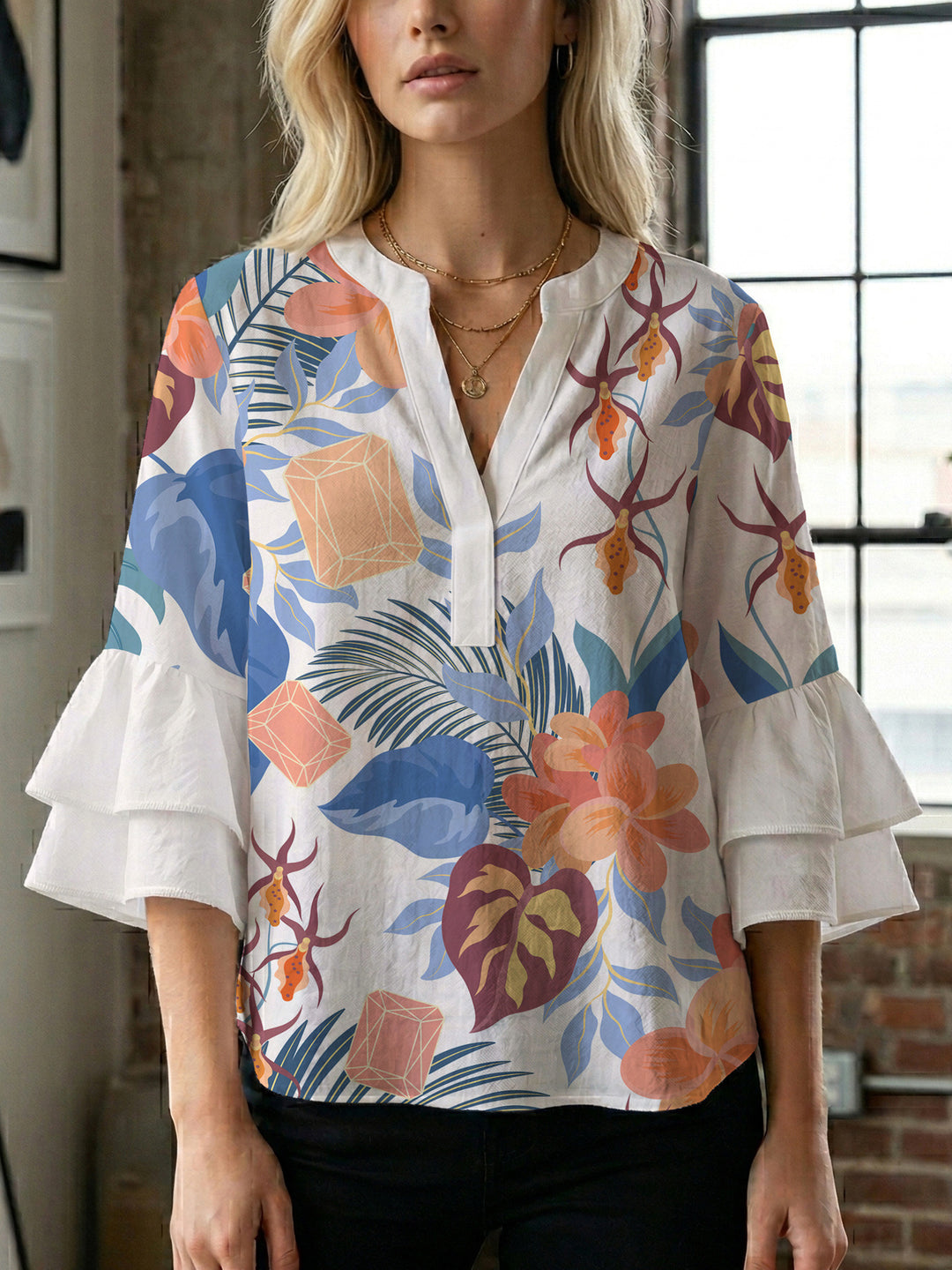 Damen Bluse mit voluminösen Rüschenärmeln und floralem Druck Drune