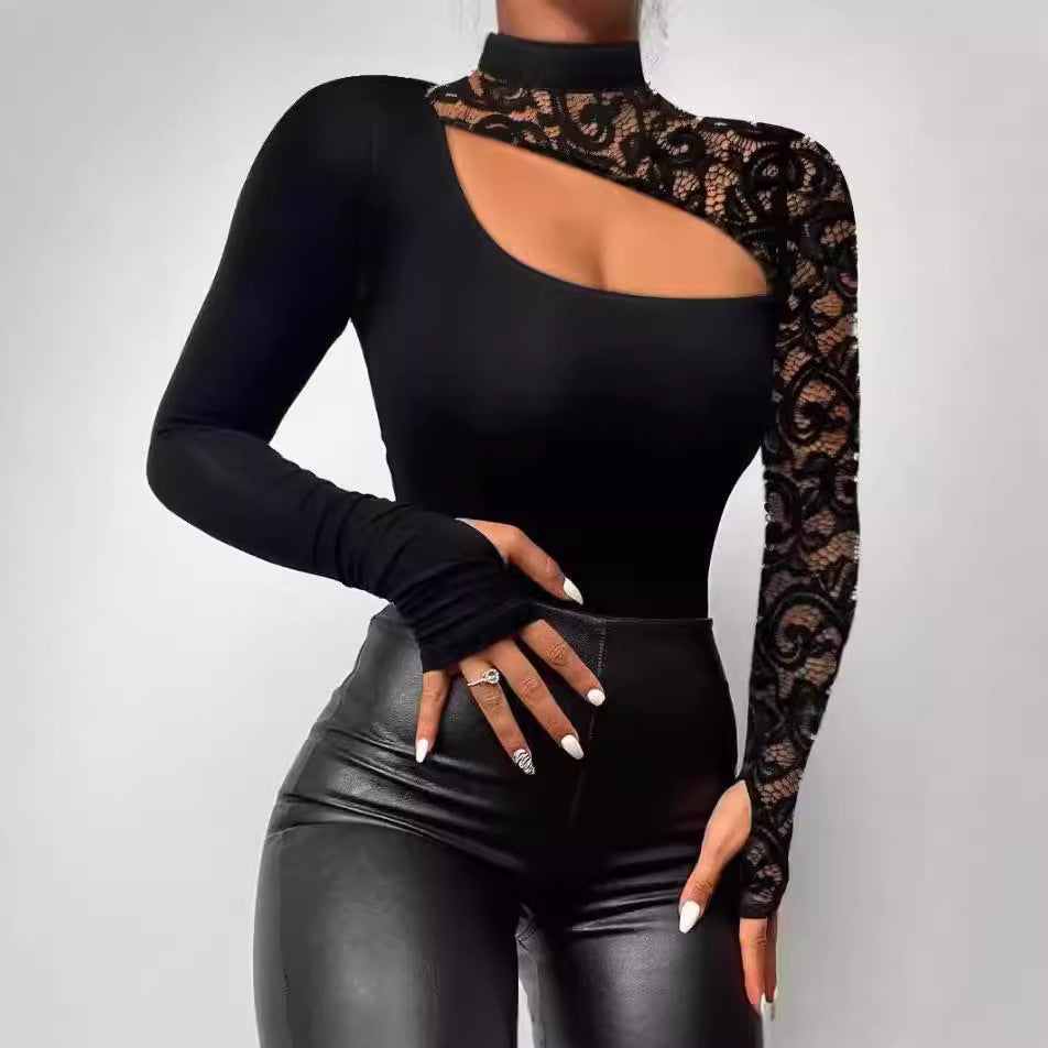 Damen Elegantes Oberteil mit transparenten Spitzenärmeln und asymmetrischem Ausschnitt Drune