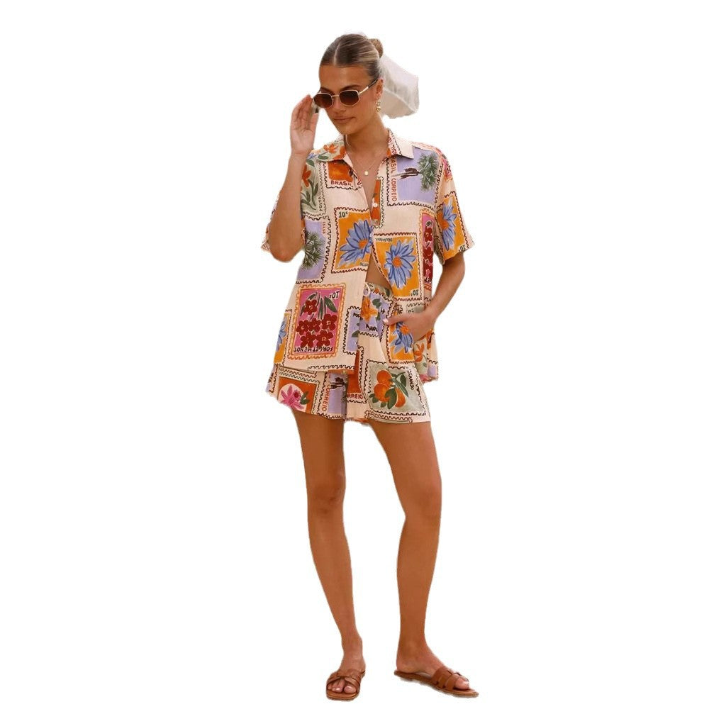 Damen Kurzarm-Hemd mit passender Shorts im floralem Design Drune