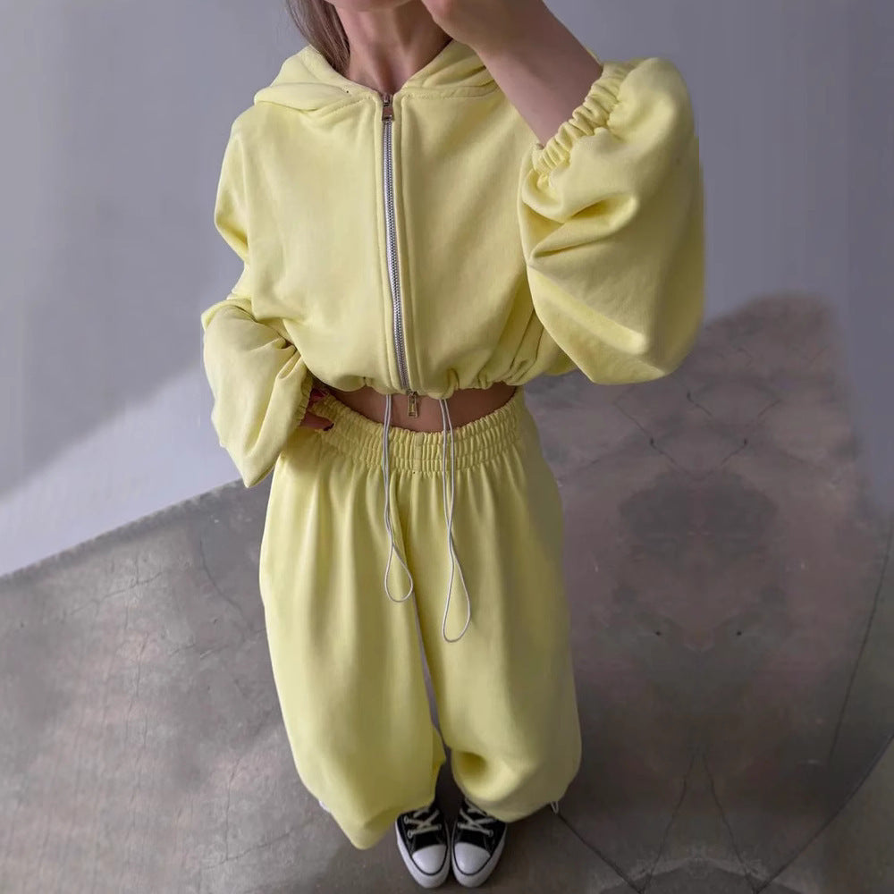 Damen nan kurzes Reißverschluss-Cropped-Hoodie und weitgeschnittene Highwaist-Loungehose Set Drune