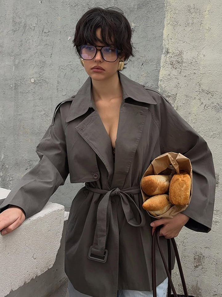 Damen modische Trenchcoat-Jacke mit abnehmbarem Gürtel und oversized Schnitt Drune