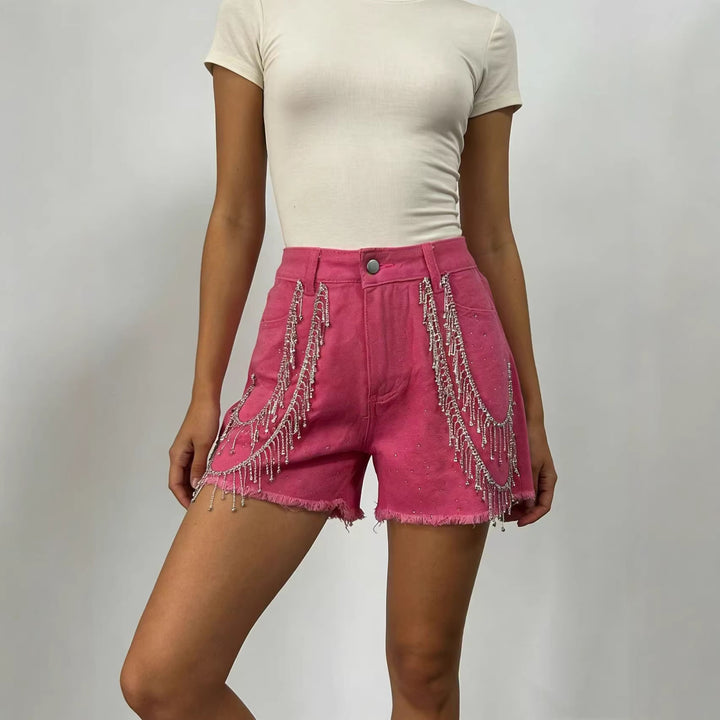 Damen Designer Denim-Shorts mit trendigen Kettenverzierungen Drune