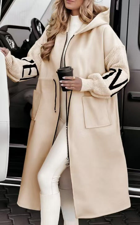 Damen Modische Longjacke mit Kapuze und Taschen Drune