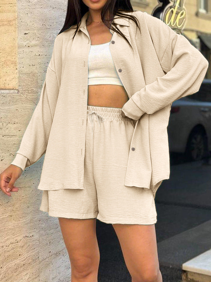 Damen lässiger Overshirt-Set mit elastischem Bund und weit geschnittenen Shorts Drune