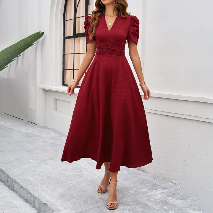 Damen Midi Kleid mit Puffärmeln und V-Ausschnitt Drune