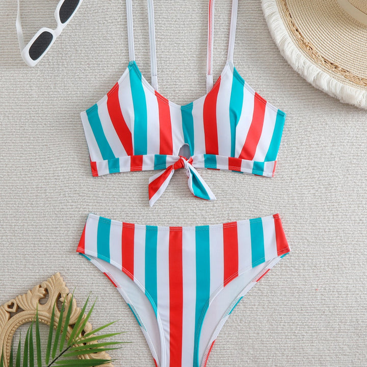 Damen Bikini-Set mit modischem Knoten und buntem Streifenmuster Drune