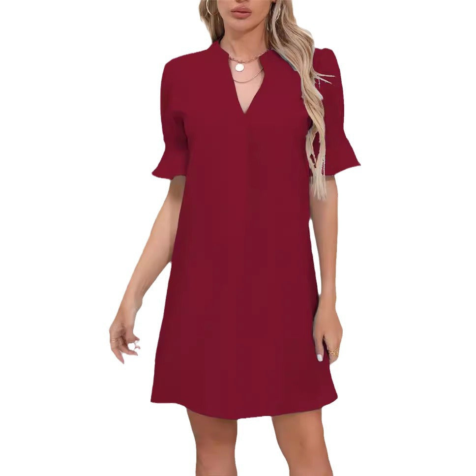Damen elegantes kurzärmeliges Kleid mit V-Ausschnitt Drune