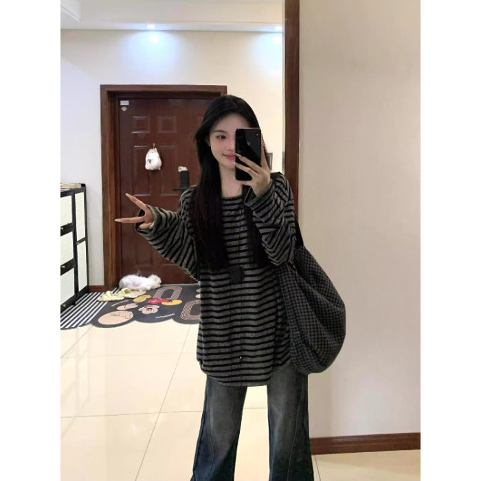 Damen Lässiges gestreiftes Oversized-Shirt mit weiten Ärmeln Drune