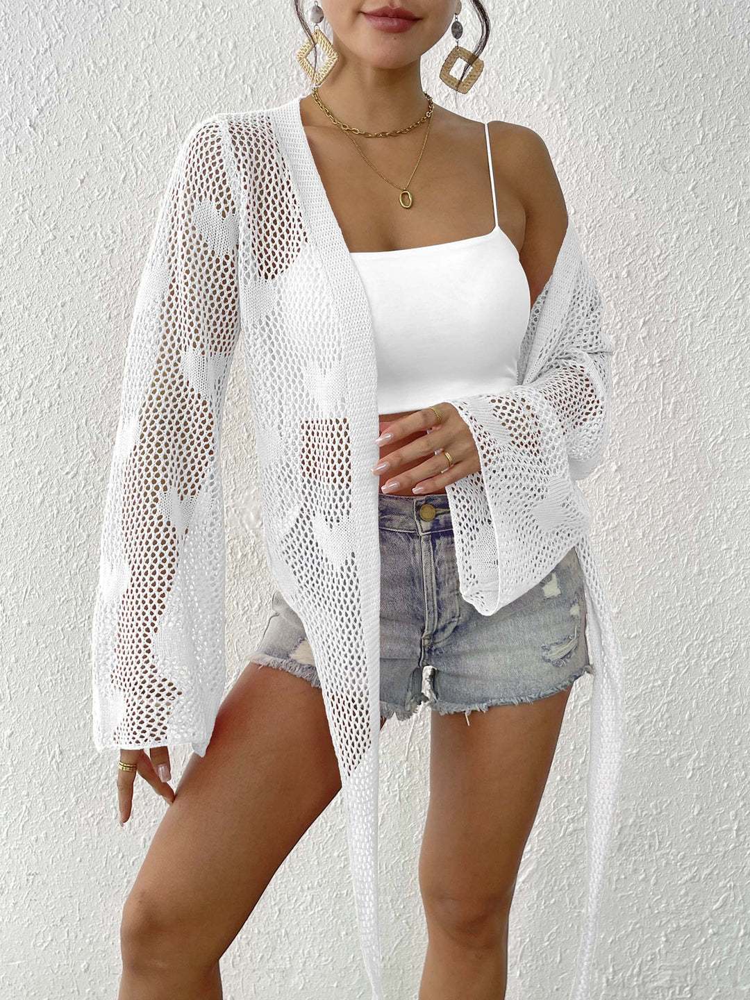 Damen luftiger Strick-Kimono mit offener Front und Kordelzug Drune