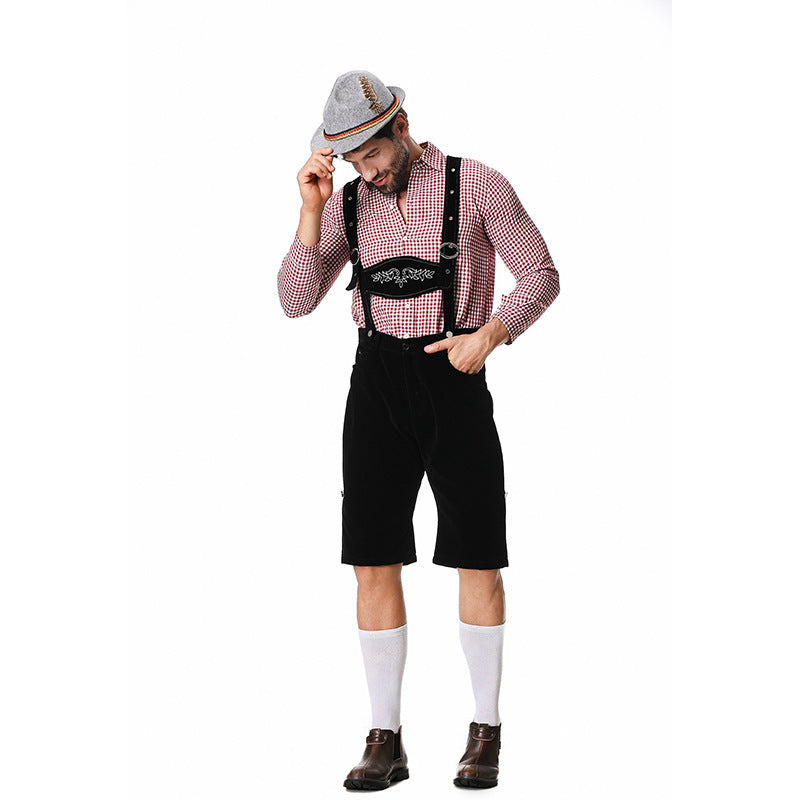 Herren nan authentische Trachten-Kniebundhose aus wildlederähnlichem Material mit verstellbaren Trägern und besticktem Brustlatz Drune
