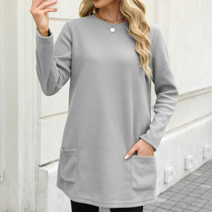 Damen nan legeres Fleece-Tunika-Kleid mit Rundhalsausschnitt und aufgesetzten Taschen Drune