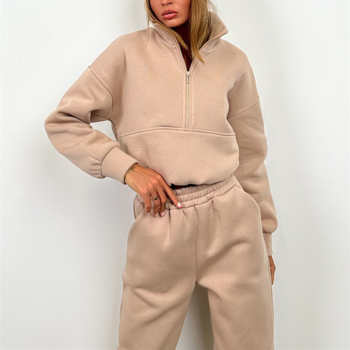 Damen Sportlicher Cropped-Trainingsanzug mit hohem Kragen und elastischem Bund Drune