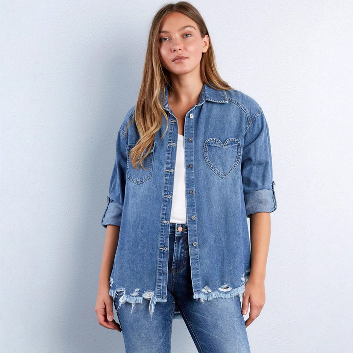 Damen Denim-Bluse mit Herz-Applikation und fransigem Saum Drune