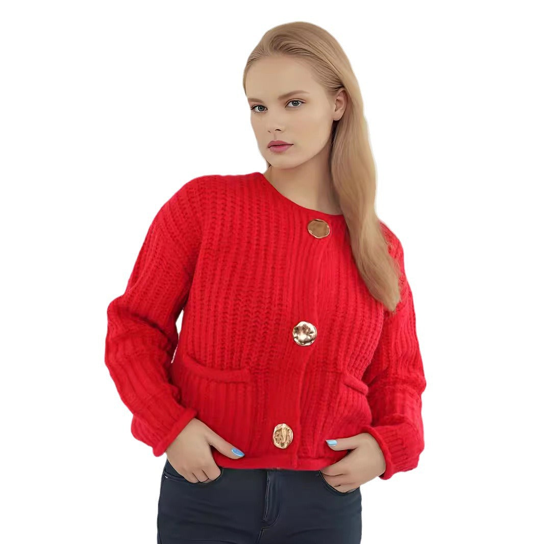 Damen Strickjacke mit kreativen Knopfdetails und seitlichen Taschen Drune