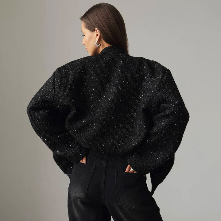 Damen Elegante Funkelnde Jacke mit Taschen und elastischem Saum Drune