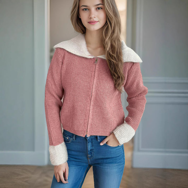 Damen bequeme Strickjacke mit praktischen Reißverschluss-Details und modernen Puffärmeln Drune
