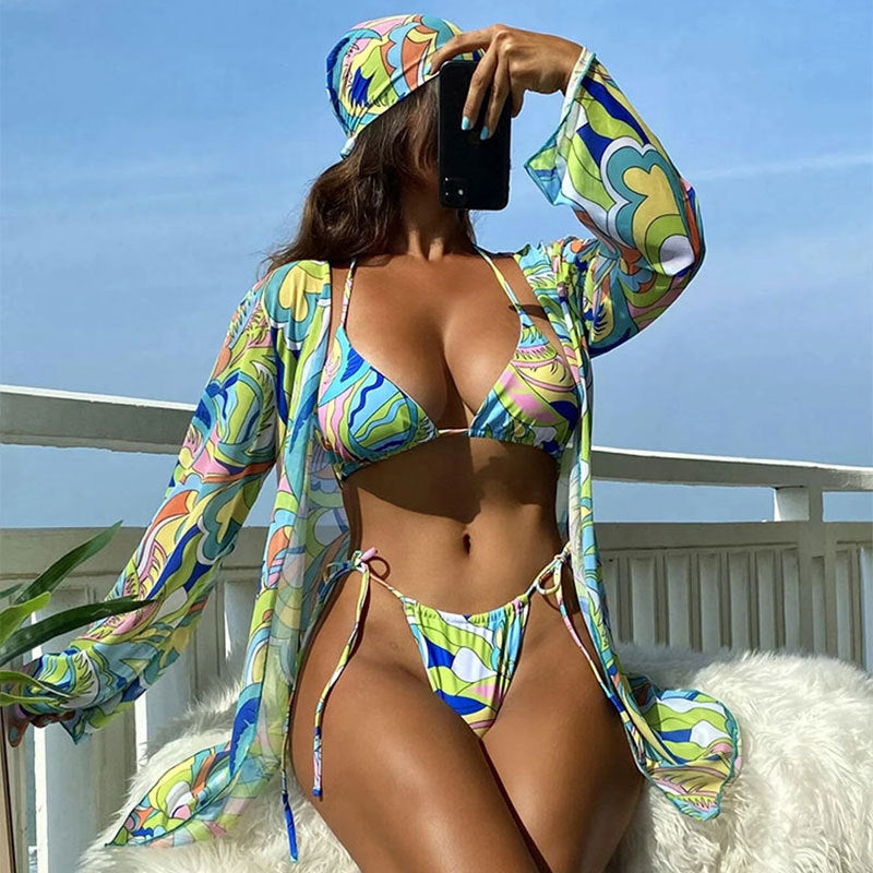 Damen Bunt bedruckter Bikini mit langem Cover-Up Drune