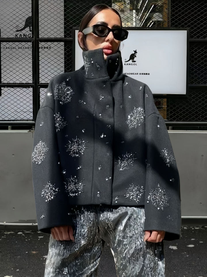 Damen Modische Oversized-Jacke mit funkelnden Applikationen Drune