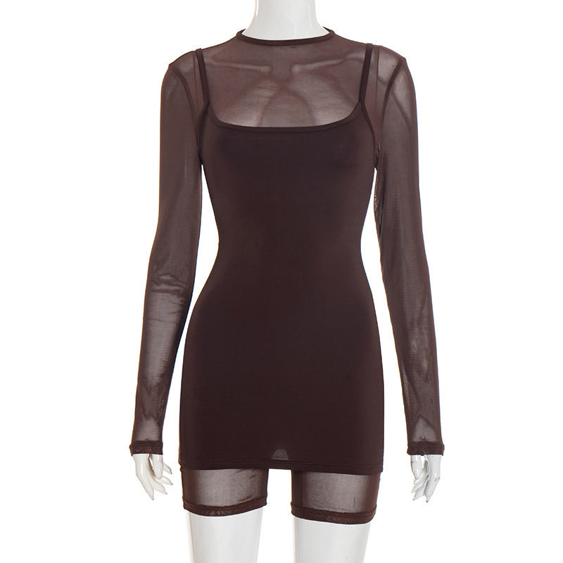 Damen Körperbetontes Longsleeve-Overall mit transparenten Ärmeln und figurformendem Schnitt Drune
