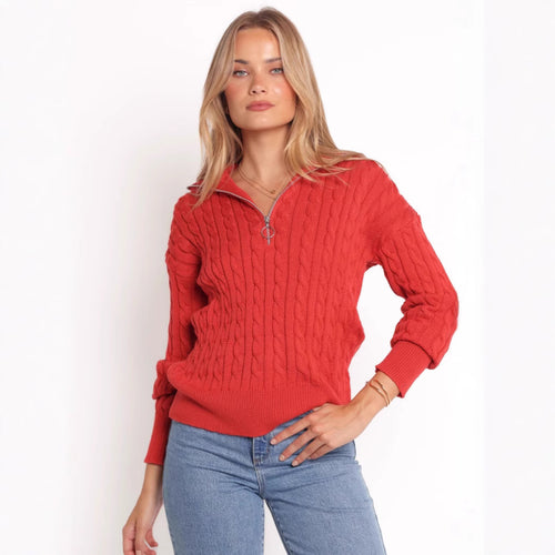Damen Strickpullover mit elegantem Kabelmuster und modischem Stehkragen Drune