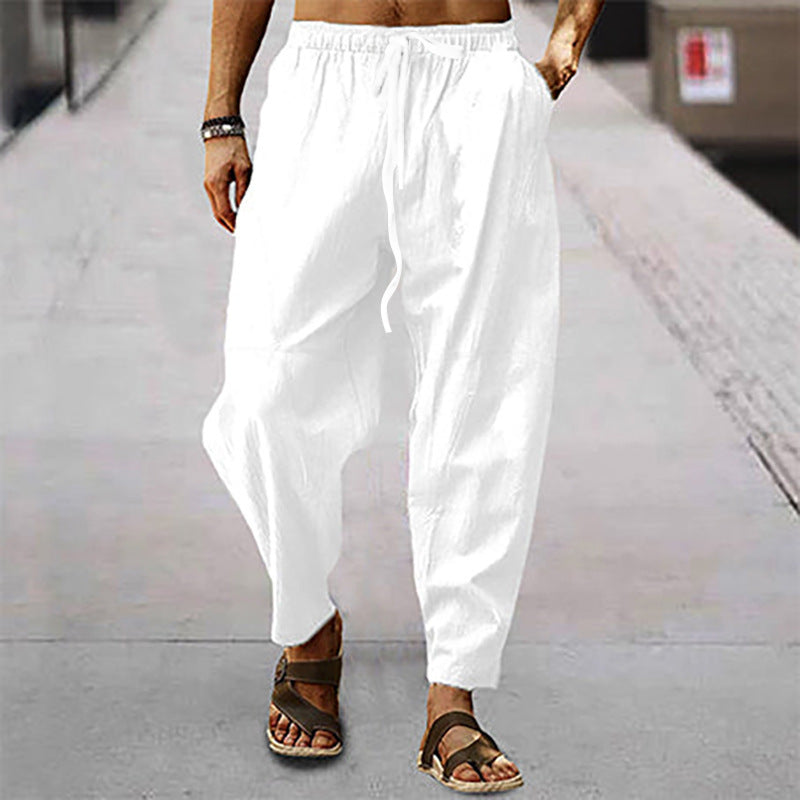 Herren nan entspannte Harem-Loungehose aus Leinenmix mit weitem Bein, elastischem Bund, Kordelzug und seitlichen Eingrifftaschen Drune
