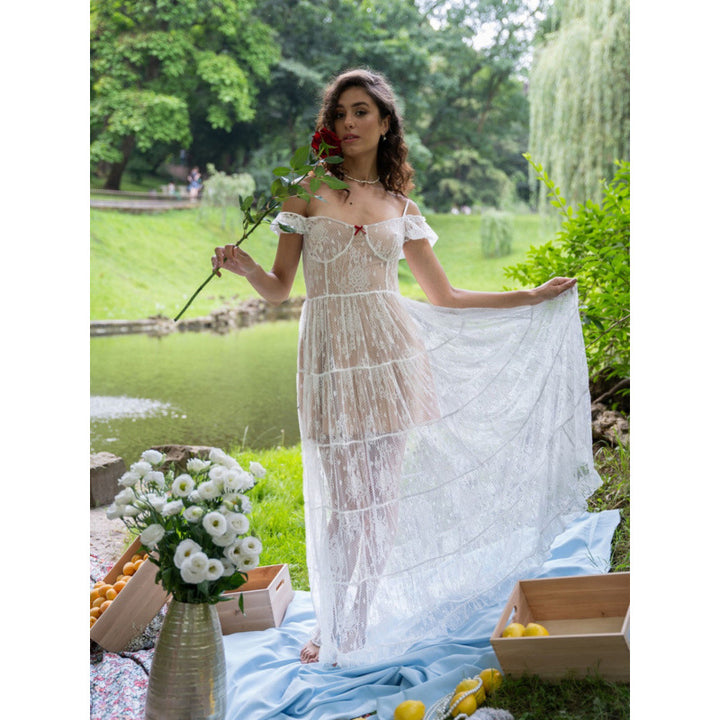 Damen Elegantes Spitzenkleid mit asymmetrischem Saum und verspielten Rüschendetails Drune