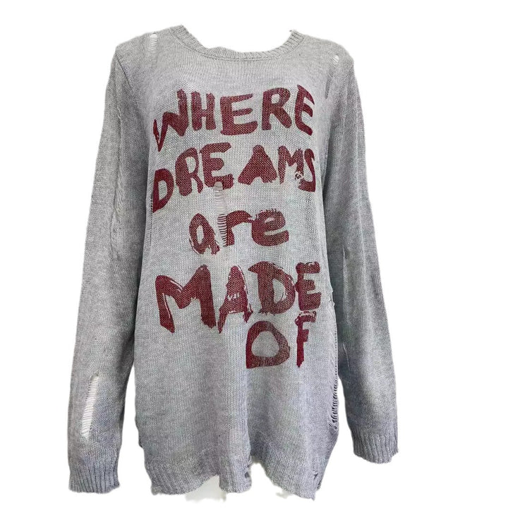 Damen lässiger Oversized Pullover mit auffälligem Schriftzug und Strick-Details Drune