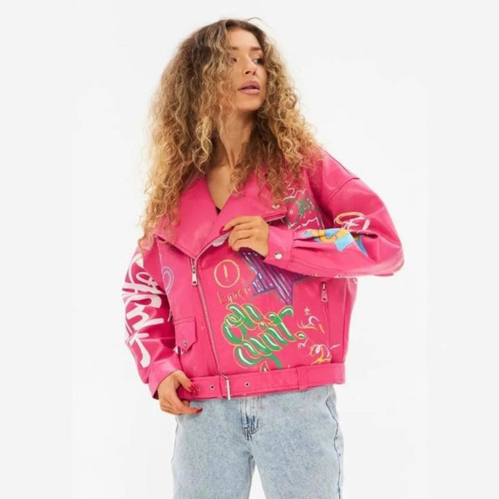 Damen Kunstlederjacke im Graffiti-Stil Drune
