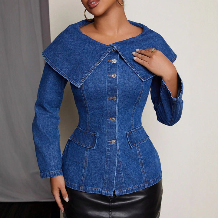 Damen Designer Denim-Blazerjacke mit weitem Kragen und praktischen Taschen Drune