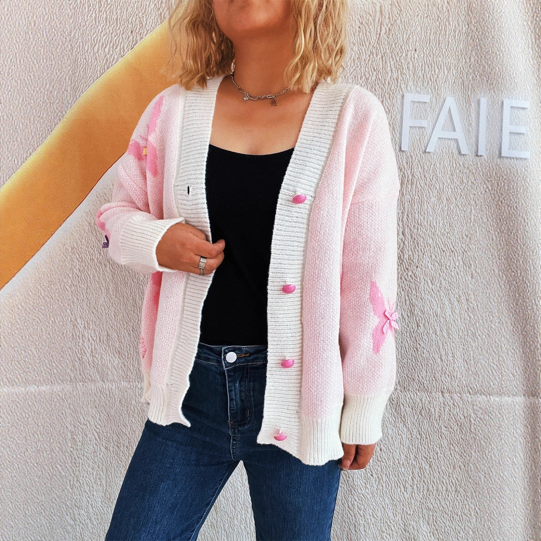 Damen kuschelige Strickjacke mit buntem Schmetterlingsdesign und Knopfleiste Drune