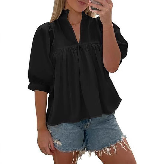 Damen elegante kurzärmlige Bluse mit Rüschendetails und lässigem Schnitt Drune