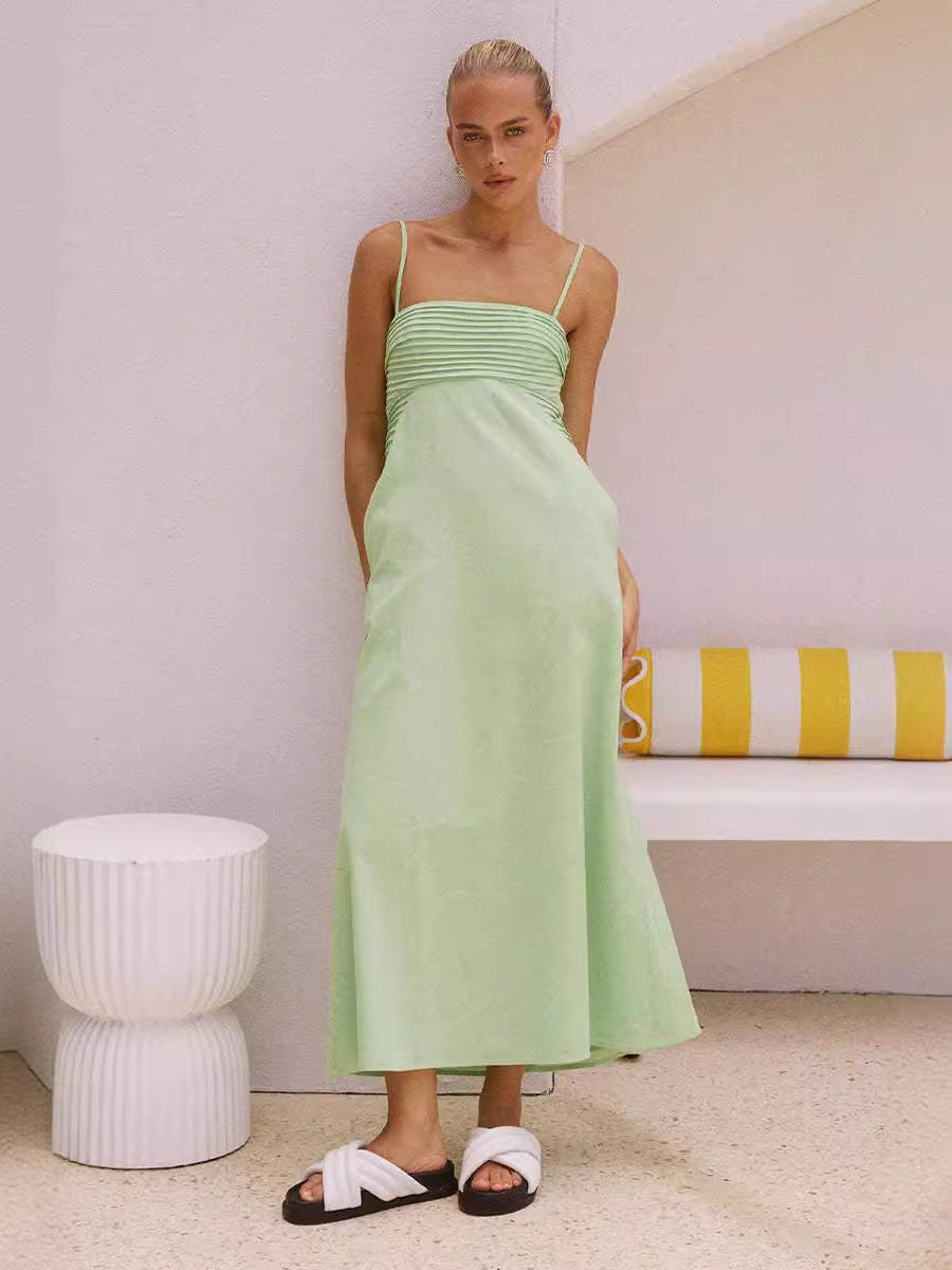 Damen sommerliches Maxikleid mit Raffungen und Spaghettiträgern Drune
