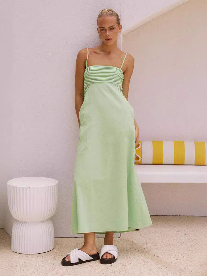 Damen sommerliches Maxikleid mit Raffungen und Spaghettiträgern Drune