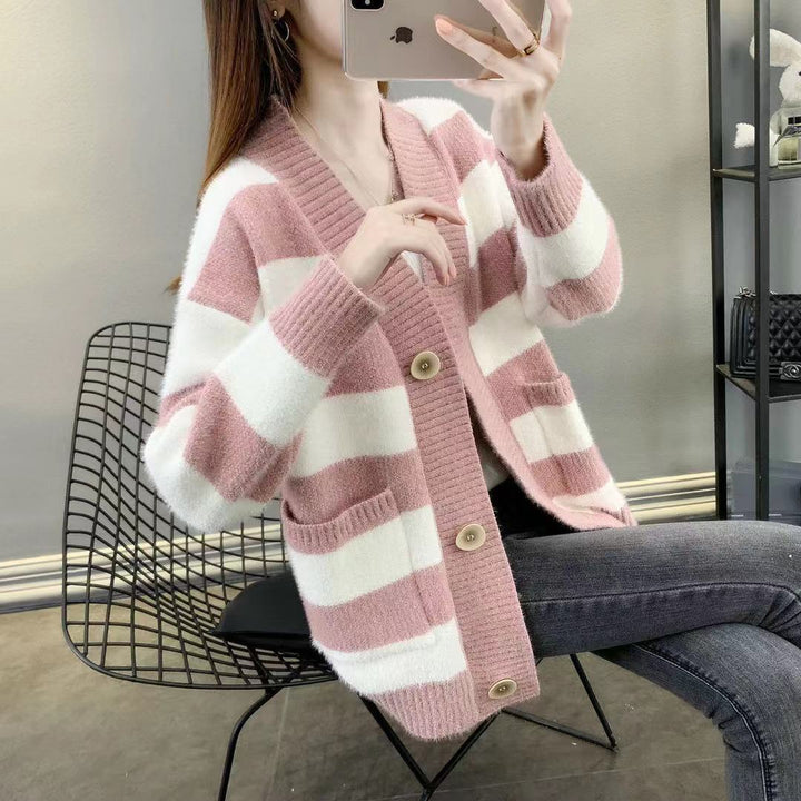 Damen Grobstrick-Cardigan mit Breton-Streifen und praktischen Taschen Drune