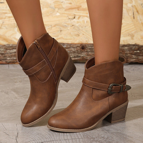 Damen nan Western‑inspirierte Kurzstiefelette mit mittelhohem Blockabsatz, seitlichem Reißverschluss und dekorativer Metallschnalle Drune