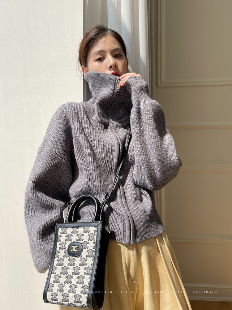 Damen Grobstrick Pullover mit hohem Kragen und lässigem Schnitt Drune