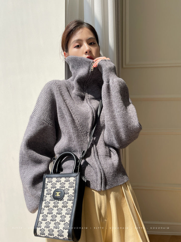 Damen Grobstrick Pullover mit hohem Kragen und lässigem Schnitt Drune