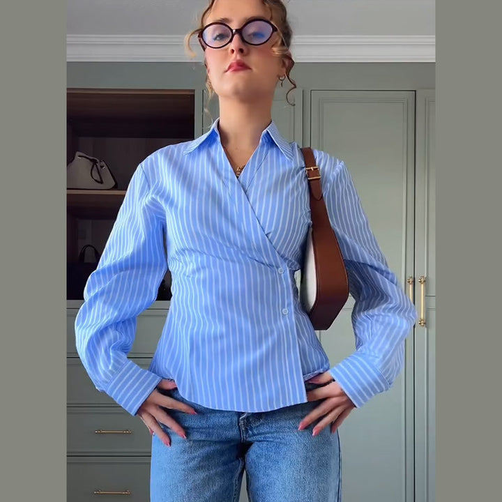 Damen elegante Wickelbluse mit einem modernen Streifenmuster Drune