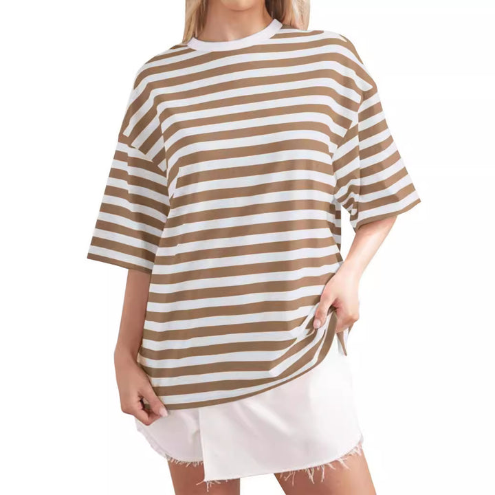 Damen Oversized gestreiftes T-Shirt mit Rundhalsausschnitt und kurzen Ärmeln Drune