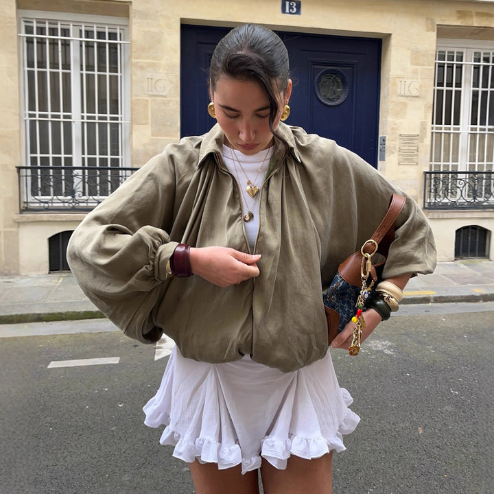 Damen lässige Blousonjacke mit voluminösen Ärmeln und hohem Kragen Drune