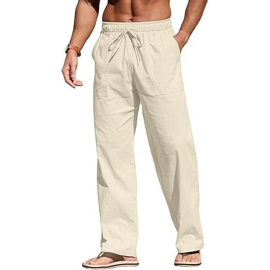 Herren nan leichte Leinenhose mit elastischem Bund, Kordelzug und aufgesetzten Taschen Drune